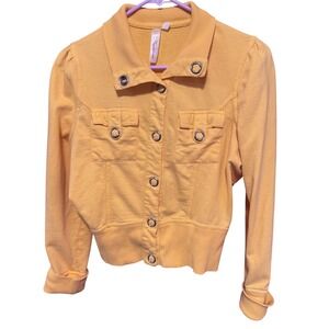 Yellow Y2K Jacket Cropped Button Front Silver Accents Ribbed Trim Medium